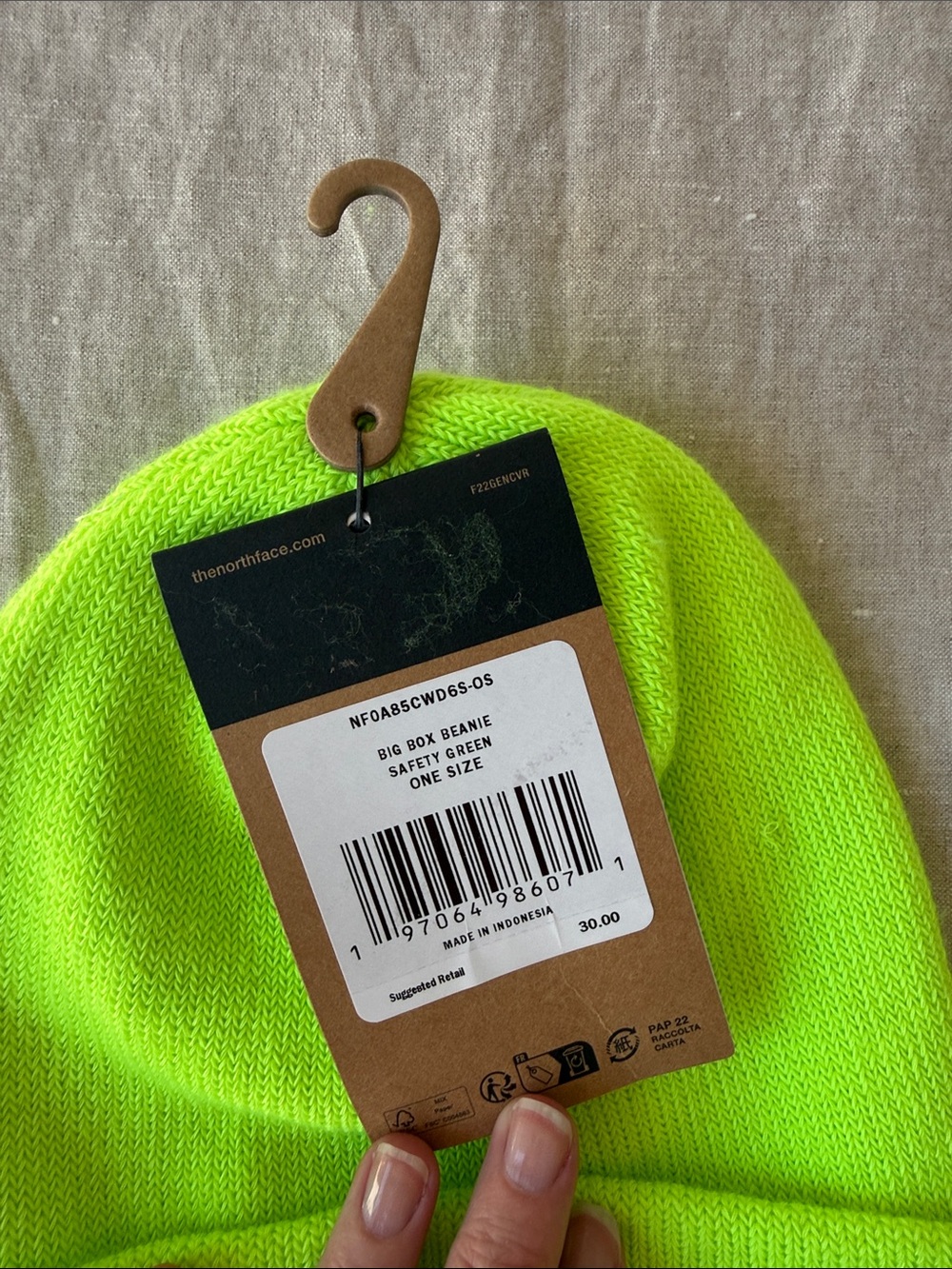 The North Face Neon Yellow-Green Cuffed Beanie with Black Logo Patch - Picture 4 of 4